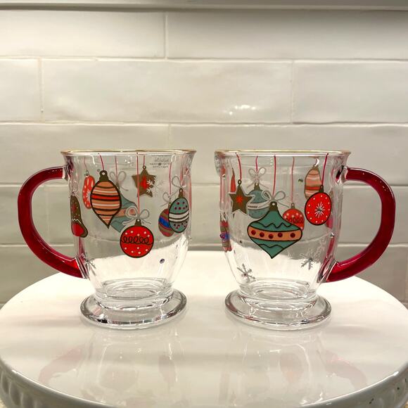 Hand Painted Thick Glass Christmas Ornament Mugs Set of 2 Colorful Holiday New - Picture 1 of 14